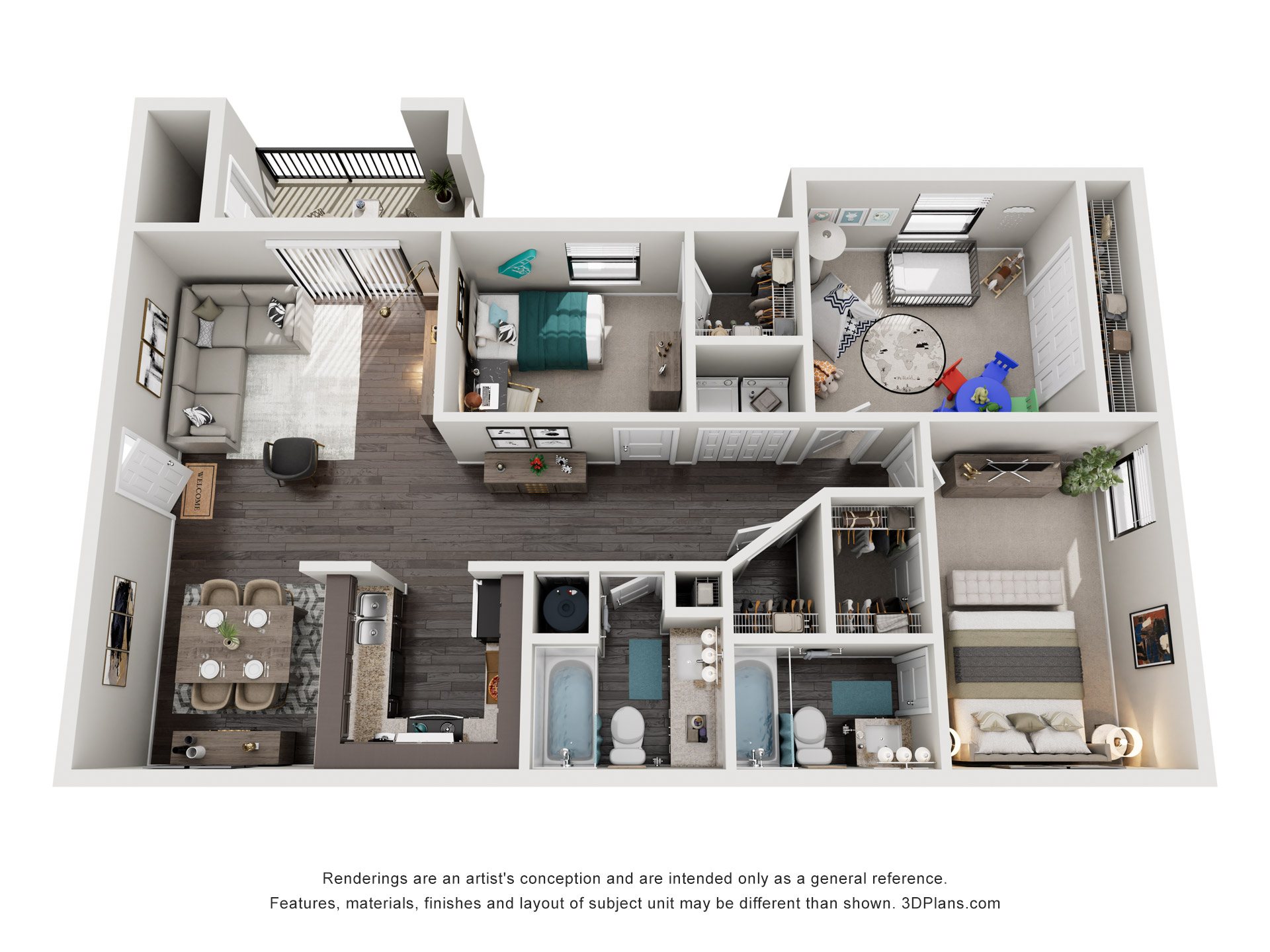 Floor plan for 3 beds, 2 baths, 1338 sqft